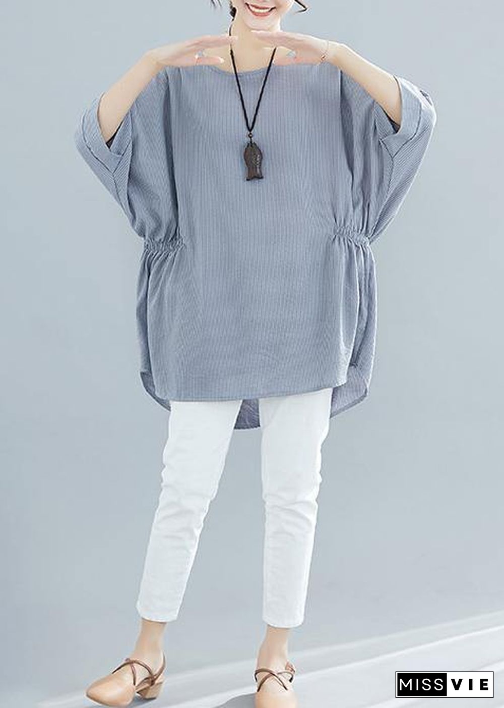 Beautiful gray striped cotton clothes For Women Batwing Sleeve loose summer blouse