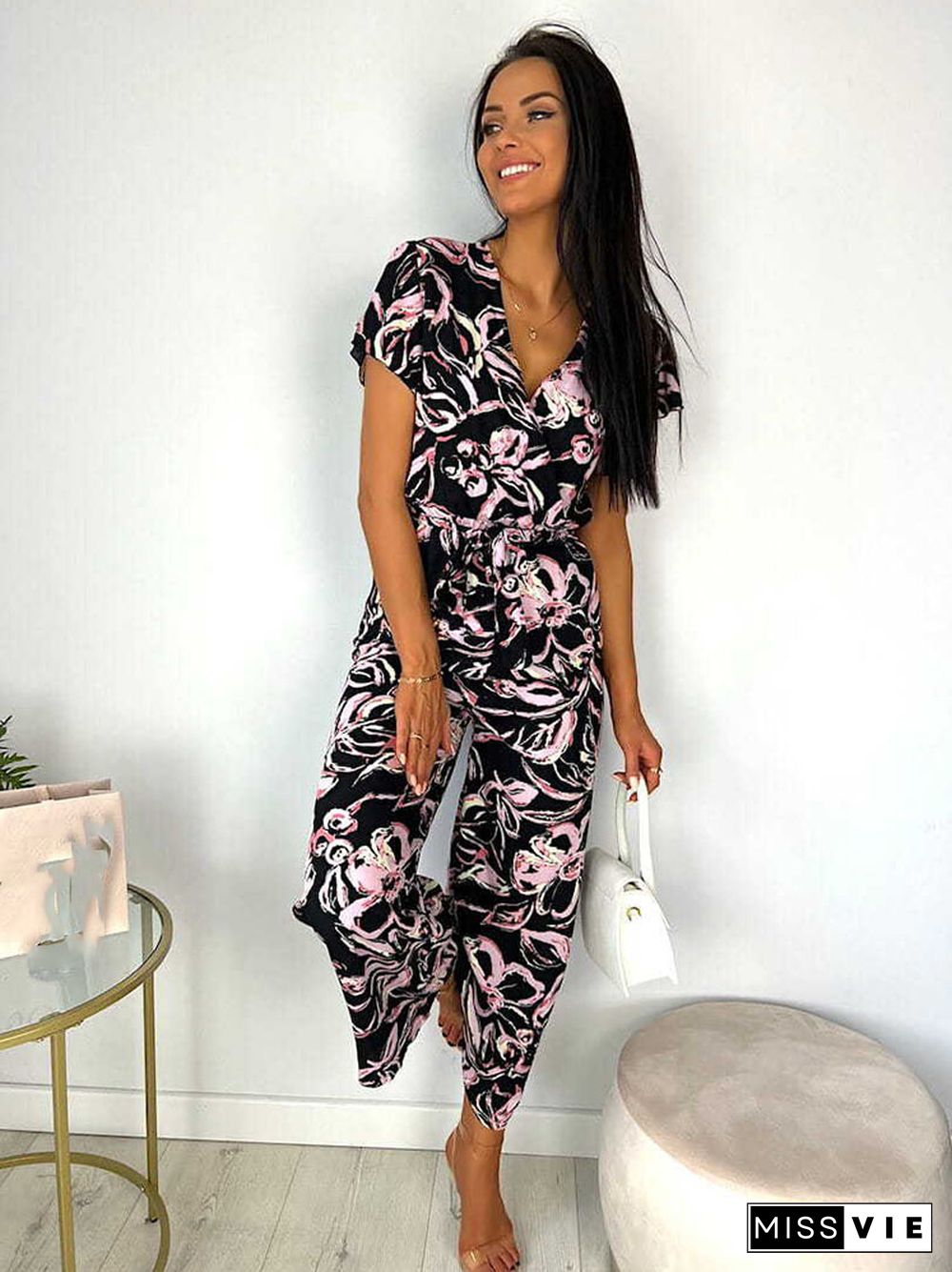 Fashion Women's Jumpsuit Long Pant Elegant V-neck Short Sleeve Casual Print Pockets Overalls Women Jumpsuits For Female Clothing