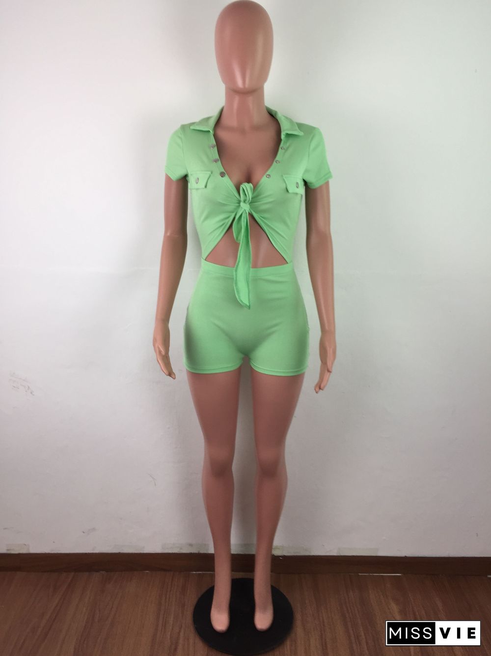 Button Bandage Hollow Out Dew Waist Romper With Mask