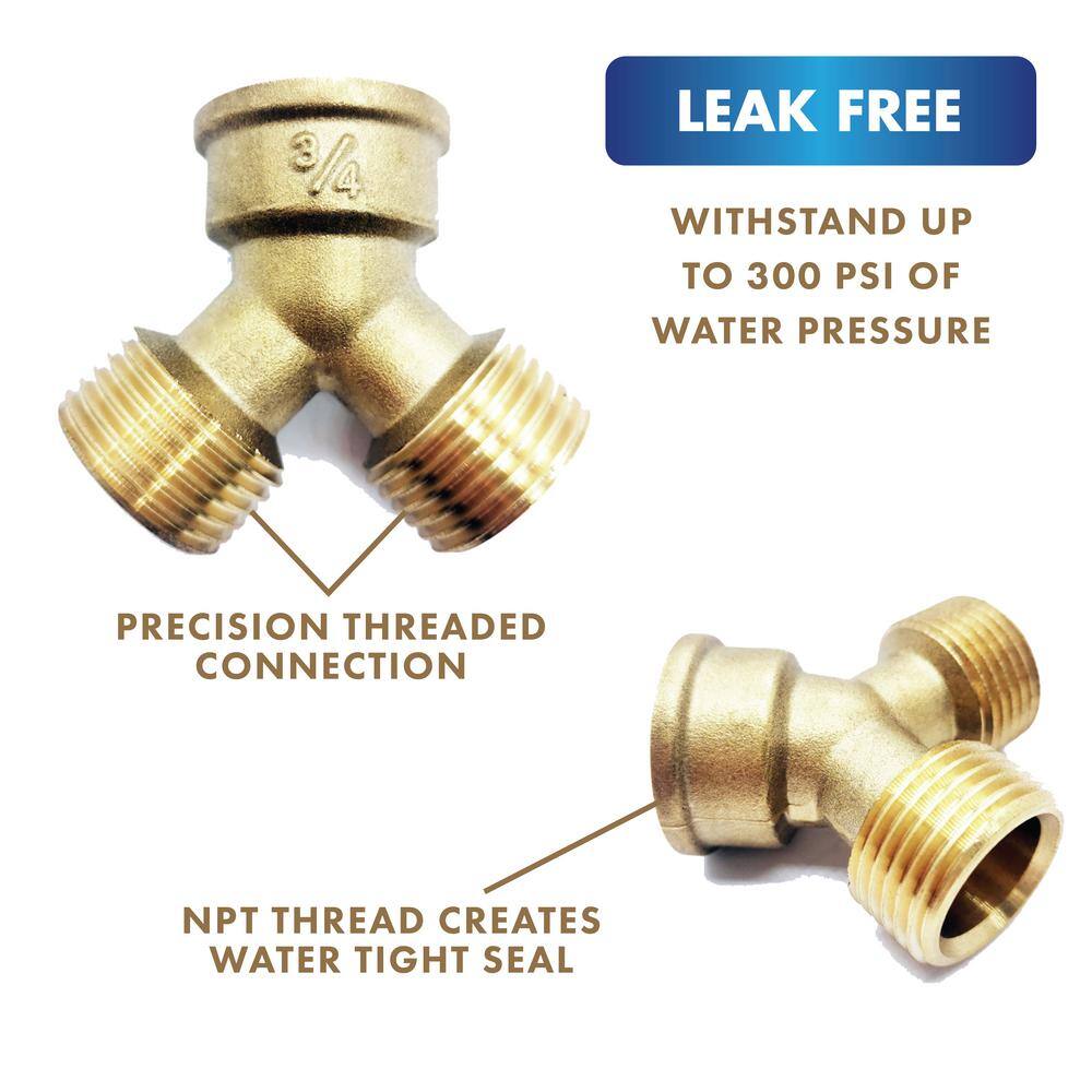 FREEZE MISER Heavy Duty Brass 2 Way Y Valve ConnectorHose Splitter without Shutoff + 2 Hose Washer 34 inch. 2499