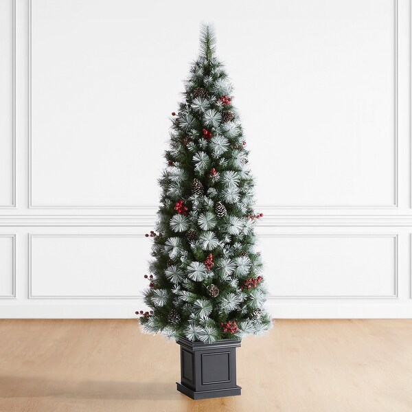 Glitzhome 4ft/5ft/6ft PreLit Pine Artificial Christmas Porch Tree with Decorative Urn Pot