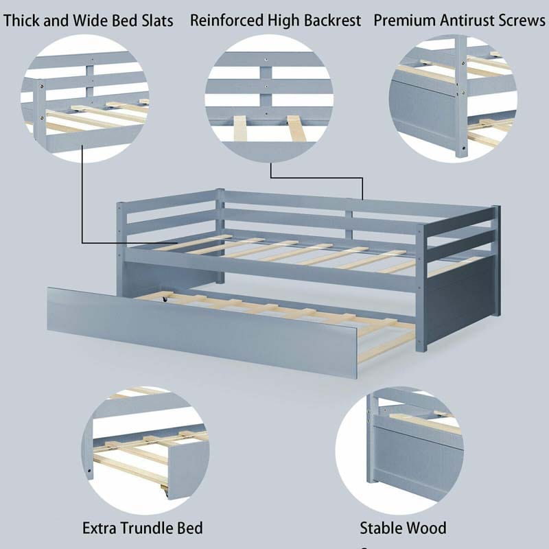 Wooden Twin Daybed with Trundle & Durable Slat Support, Standard Twin Bed Frame Sofa for Guest Children Living Room