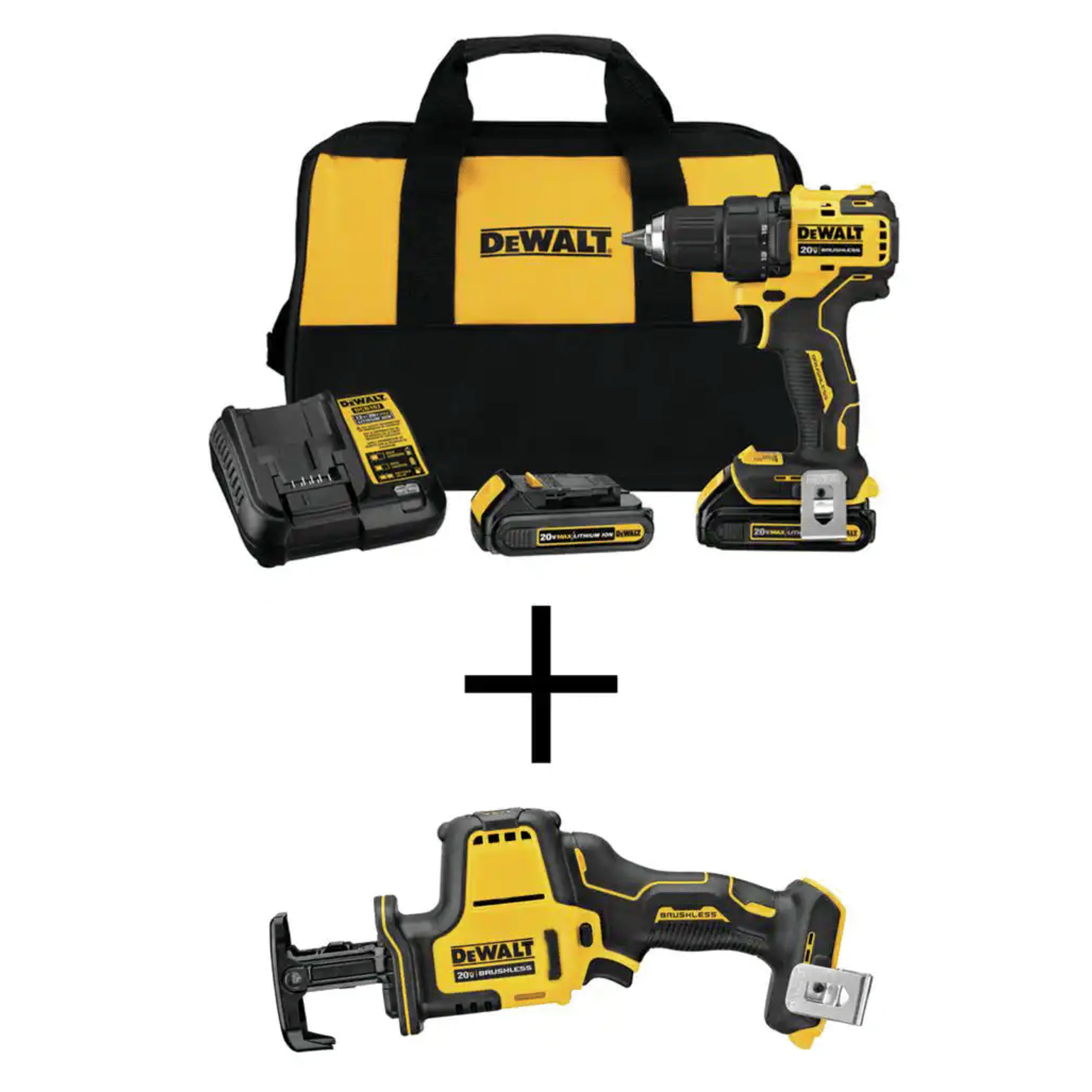 Dewalt Atomic 20V Max Cordless Brushless Compact 1/2 in. Drill/Driver， (2) 20-Volt 1.3Ah Batteries and Reciprocating Saw (DCD708C2W369B)