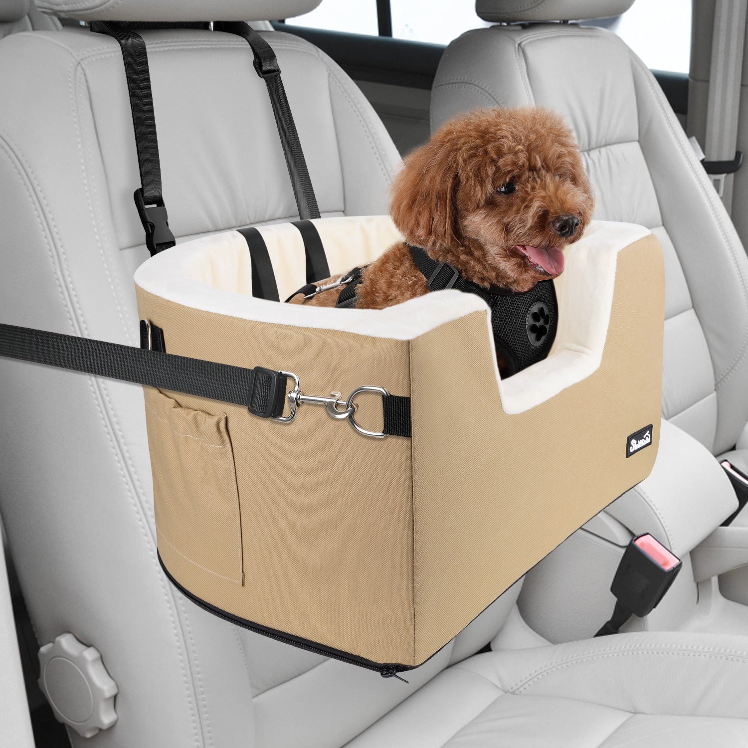 AUTOWT Dog Car Seat for Small Dog， Elevated Lookout Booster Seat with Cushion and Safety Belt， Cover Removable Washable， Supports Pets up to 18lbs