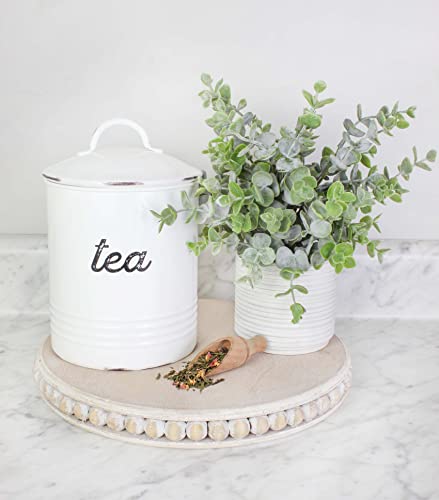 AuldHome Enamelware White Tea Canister; Rustic Distressed Style Tea Storage for Kitchen