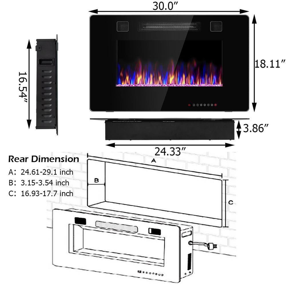 Costway 5100 BTU 30 in. Unvented Fireplace Recessed Ultra-Thin Electric Wall-Mounted Heater Furnace with Multicolor Flame GHM0483