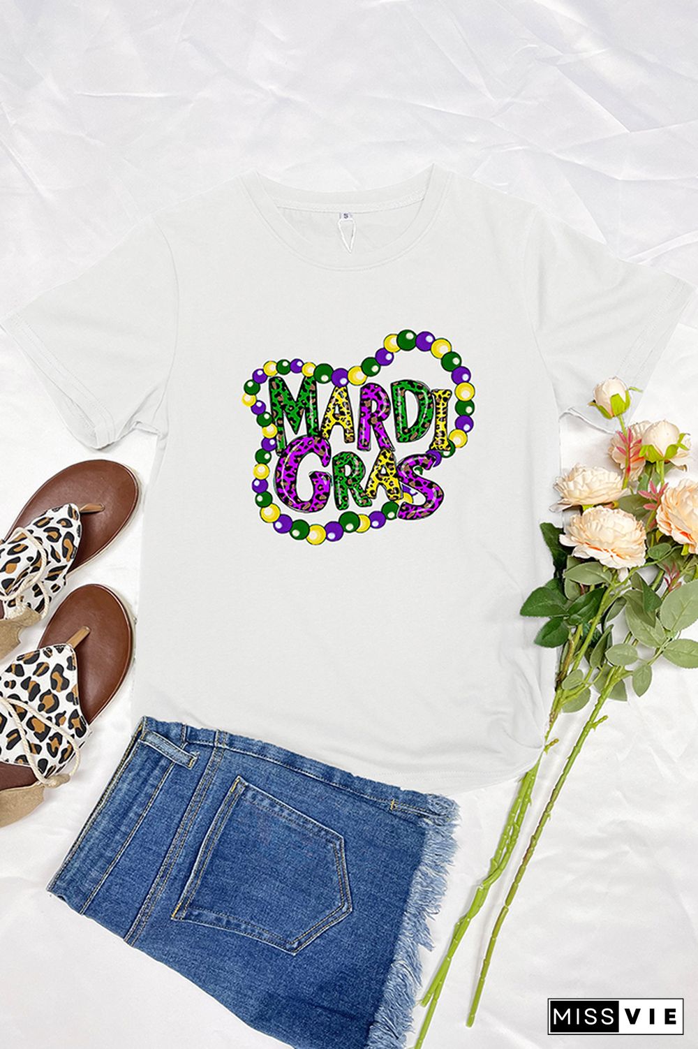 Mardi Gras Letter Print Short Sleeve Graphic Tee Wholesale