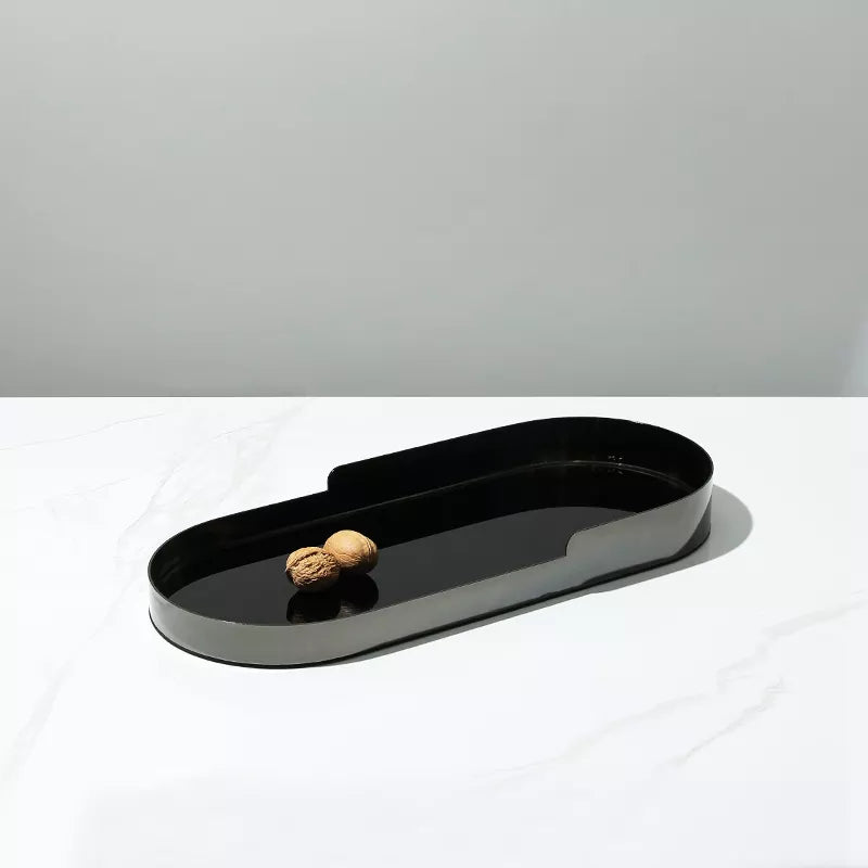 Black Glass Tray With Silver Metal Detail - Oval Fc-W22007