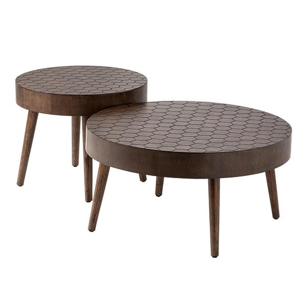 COSIEST Rustic Brown Solid Wood Round Coffee Table for Living Room， Set of 2