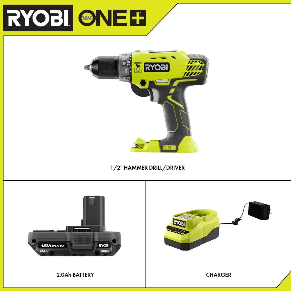 RYOBI ONE+ 18V Cordless 12 in. Hammer DrillDriver with Handle with 2.0 Ah Battery and Charger P214-PSK005