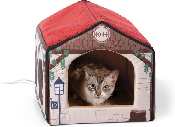 KandH Pet Products Thermo-Indoor Washable Pet House Heated Cat Bed， Red Barn