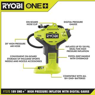 RYOBI ONE+ 18V Lithium-Ion 4.0 Ah Compact Battery (2-Pack) and Charger Kit with Free Cordless High Pressure Inflator PSK006-P737D