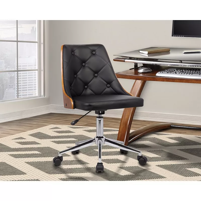 Button Tufted Leatherette Wooden Adjustable Office Chair， Brown and Black