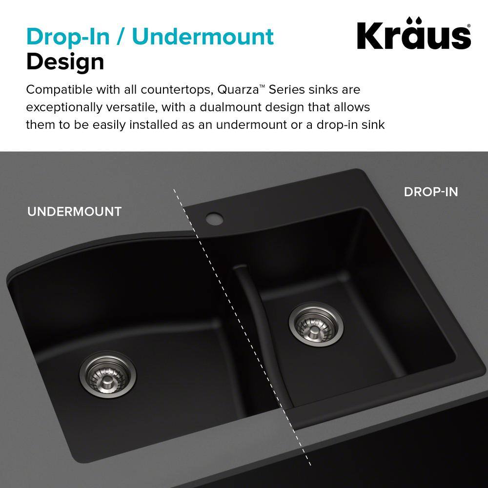 KRAUS Quarza Drop-inUndermount Granite Composite 33 in. 1-Hole 6040 Double Bowl Kitchen Sink in Grey KGD-442GREY