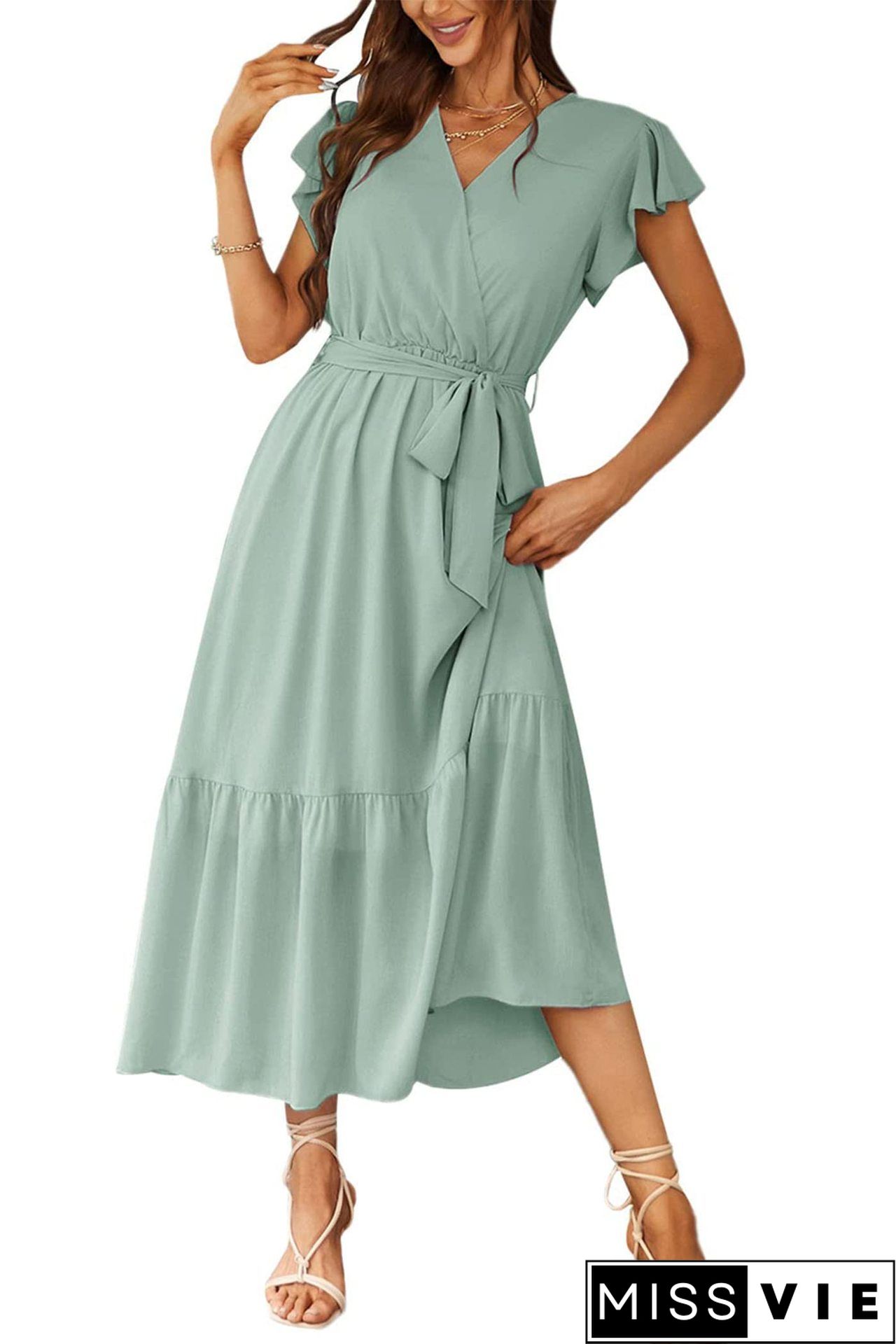 Pure Color Simple Restraint Waist Midi Dress