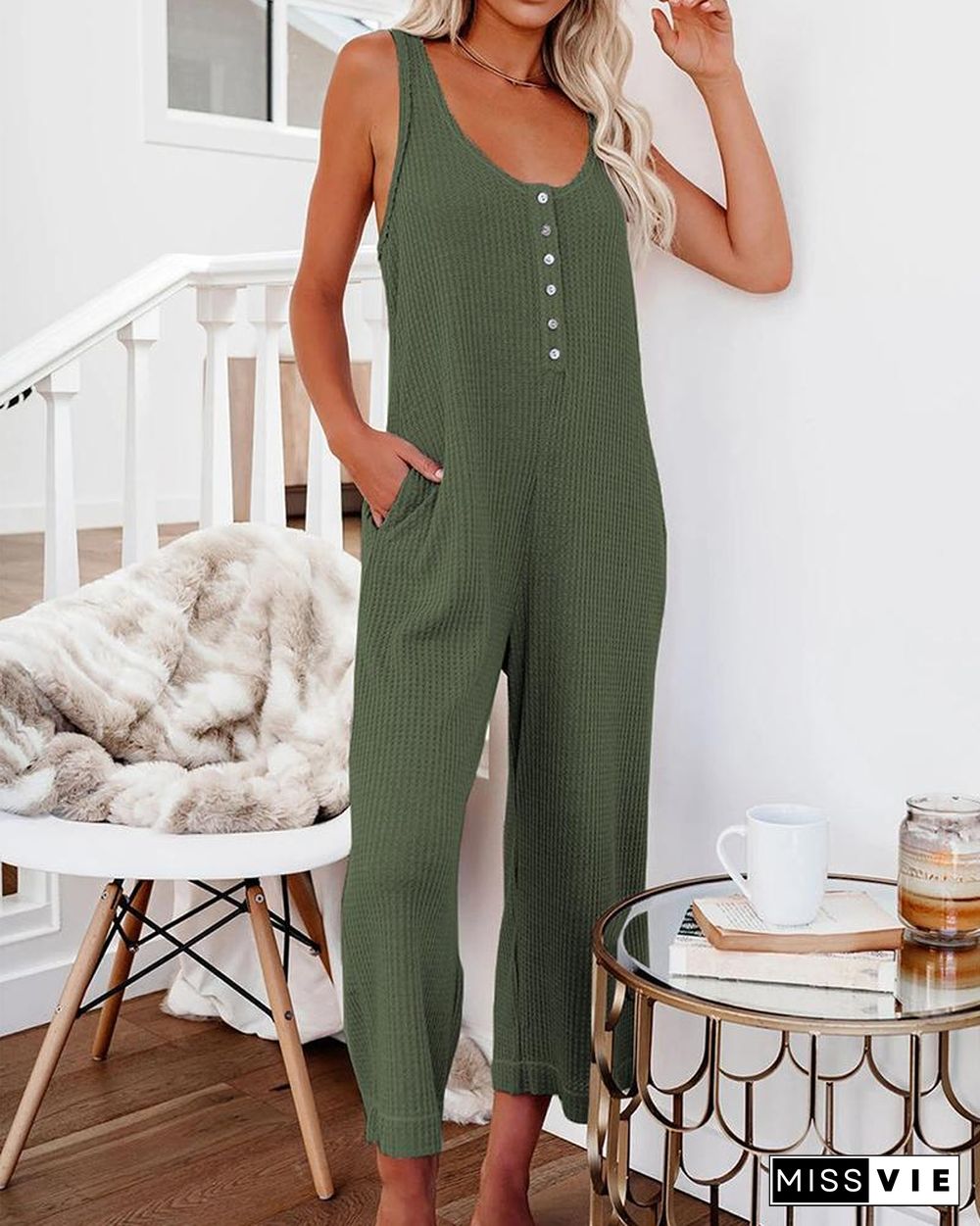 Solid Color Breasted Sleeveless Loose Jumpsuits P14953