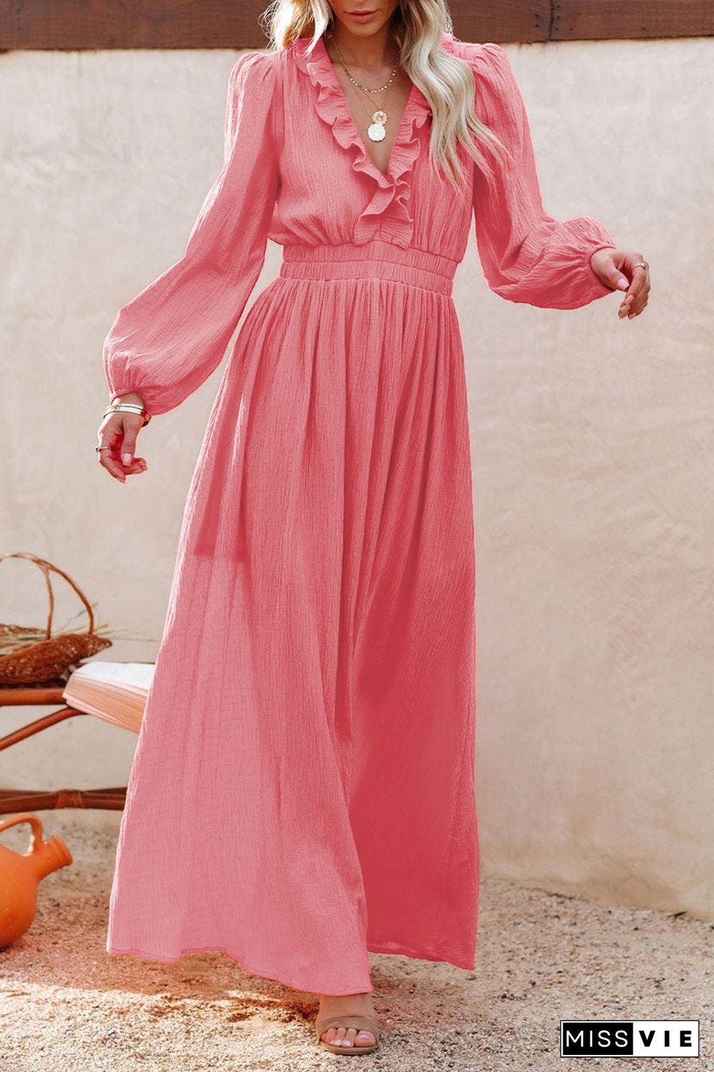 Ruffled V Neck Empire Waist Maxi Dress