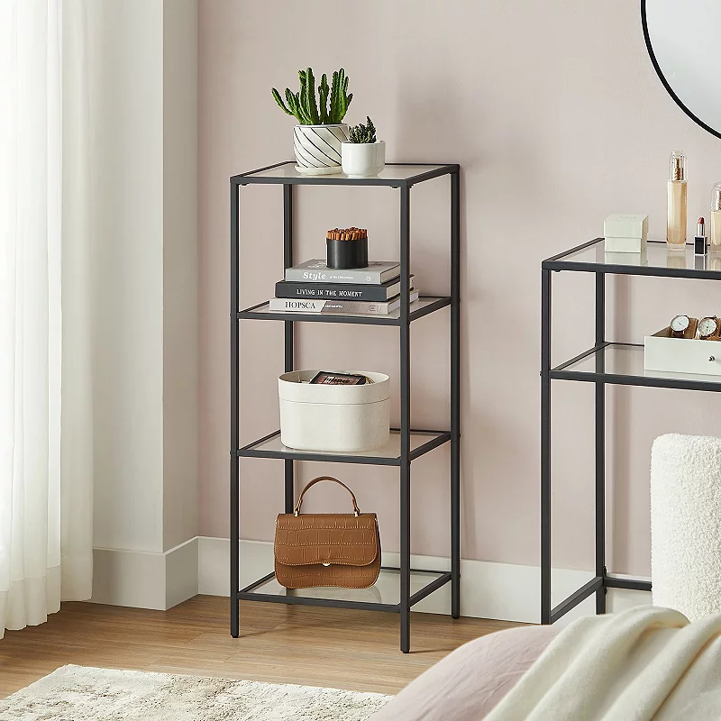 Bookcase， 4-tier Shelving Unit， Bookshelf， Tempered Glass， Easy Assembly， For Living Room