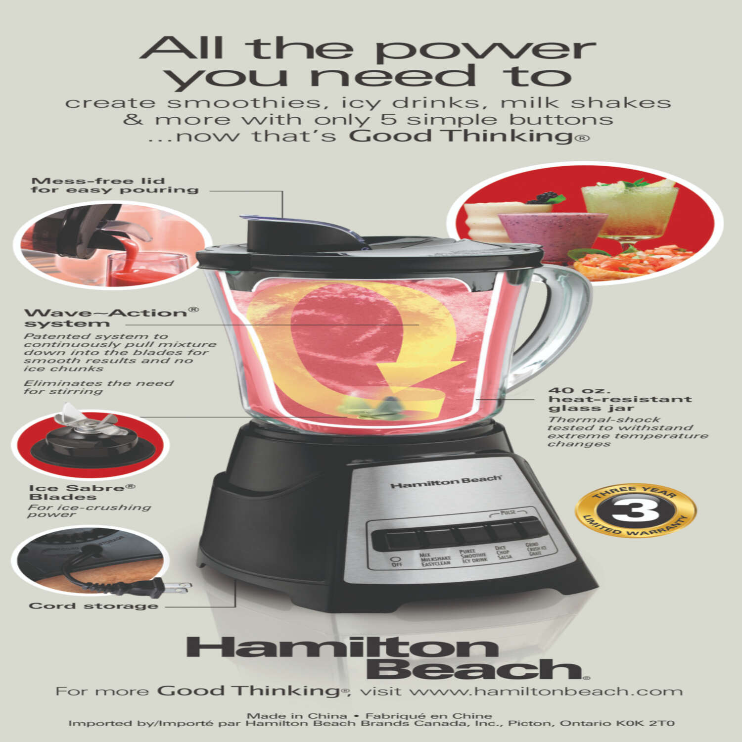 Hamilton Beach Power Elite Blender 40 oz. 12 Stainless Steel 700 watts