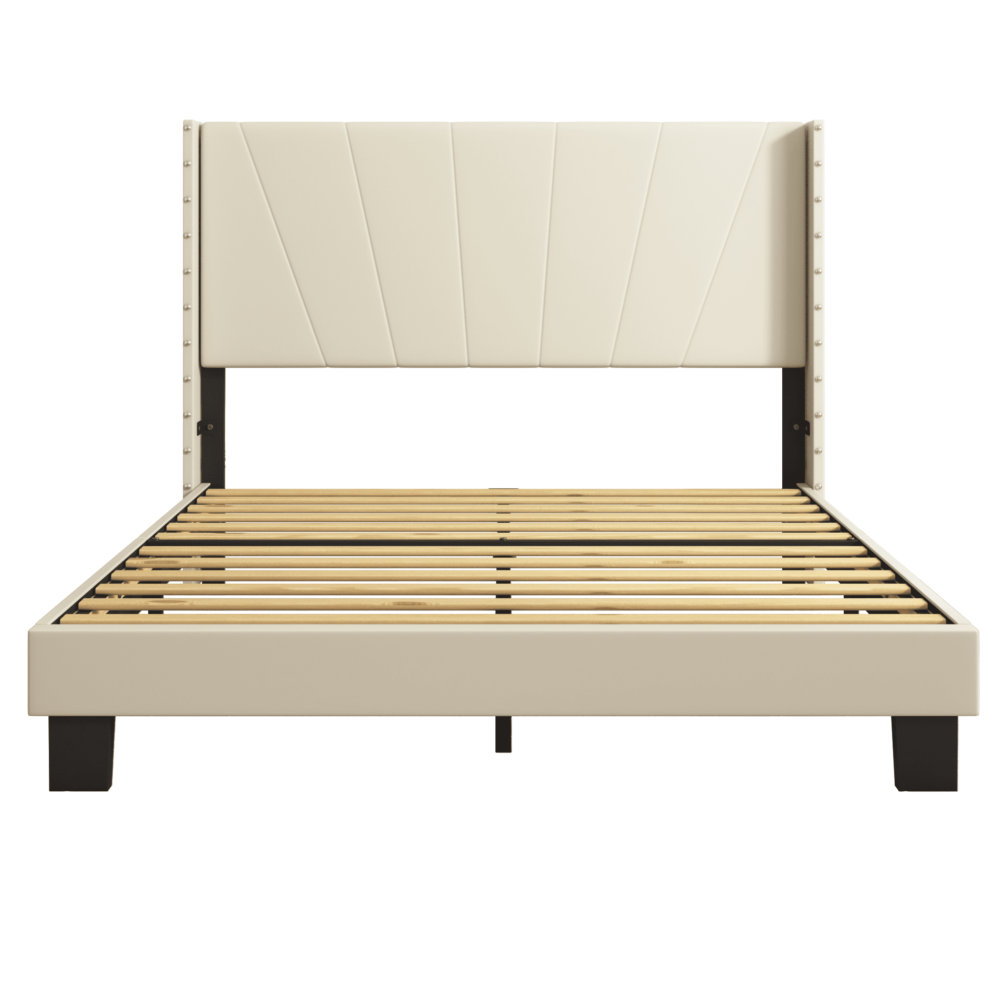 BTMWAY Full Bed Frame, Full Size Velvet Upholstered Platform Bed with Headboard, Solid Wood Frame, Modern Full Platform Bed Frame Bedroom Furniture, Holds 550lbs, No Box Spring Needed, Beige