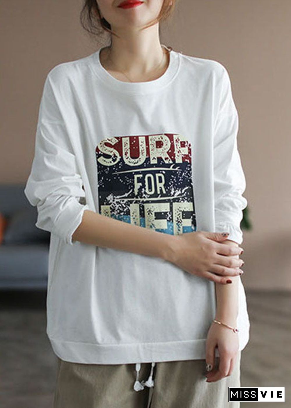 Italian White O-Neck Print Cotton Sweatshirt Streetwear Long Sleeve