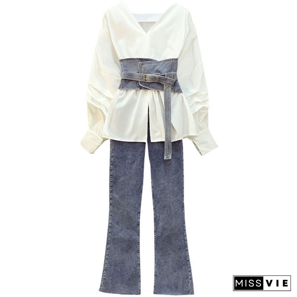 V-neck Belted Shirt High Waist Denim Pants Set