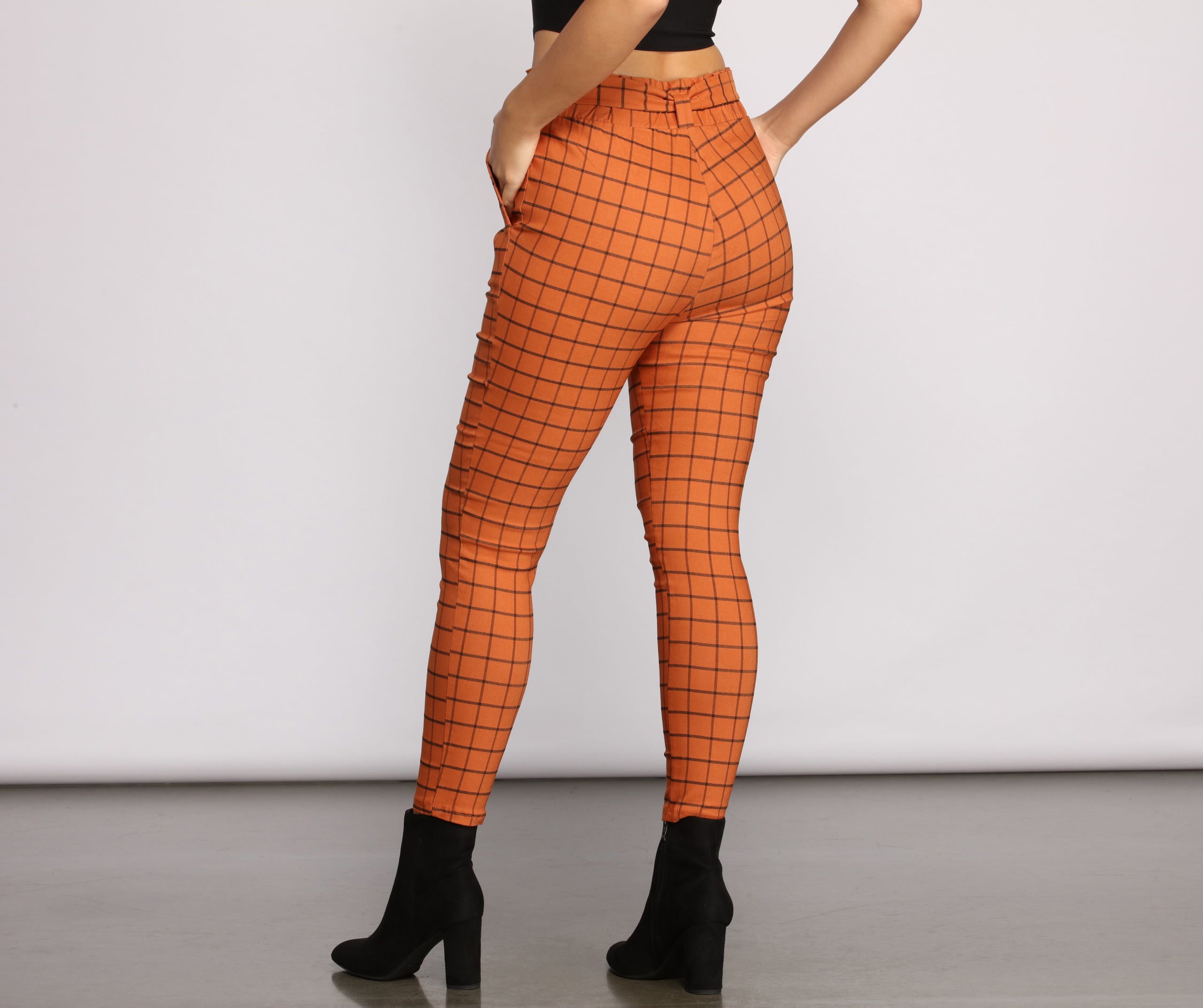 High Waist Paperbag Window Pane Pants