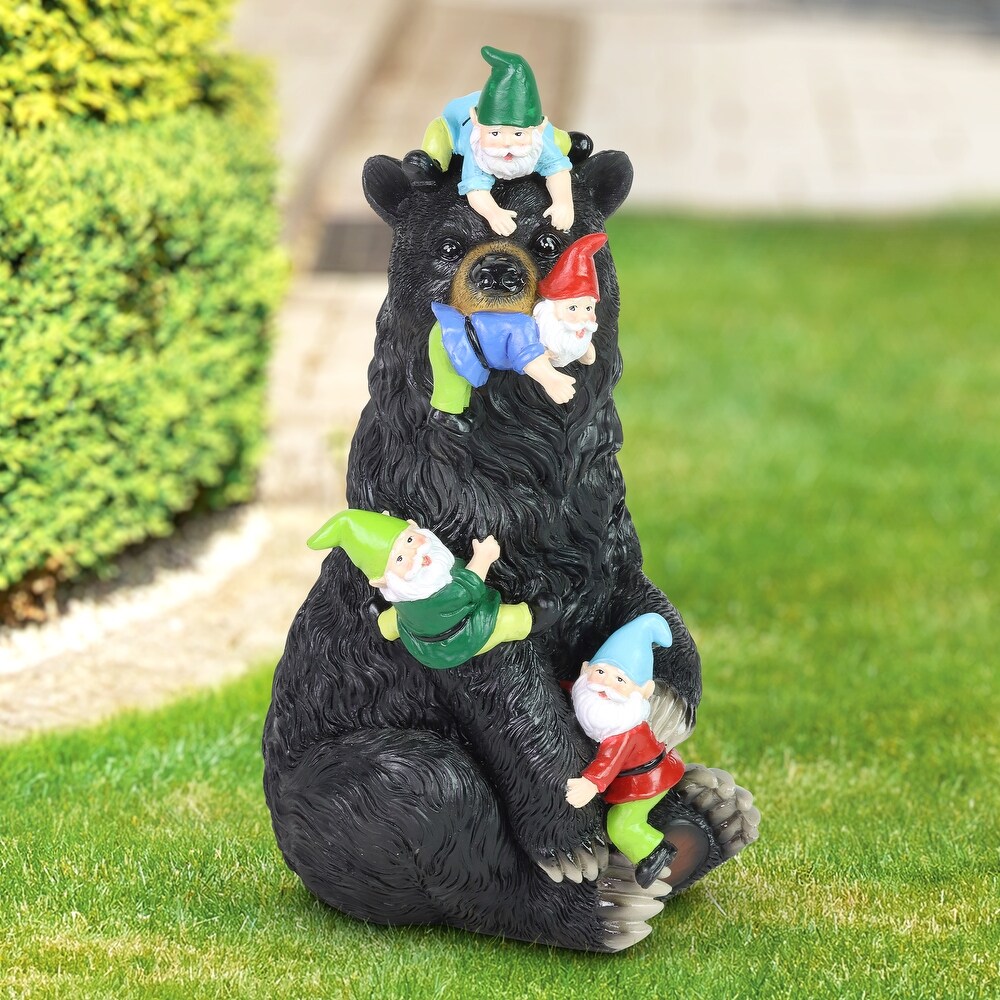 Exhart Bear Garden Statue with Gnomes  Hand Painted  UV Treated Resin  6.5 x 12 Inches