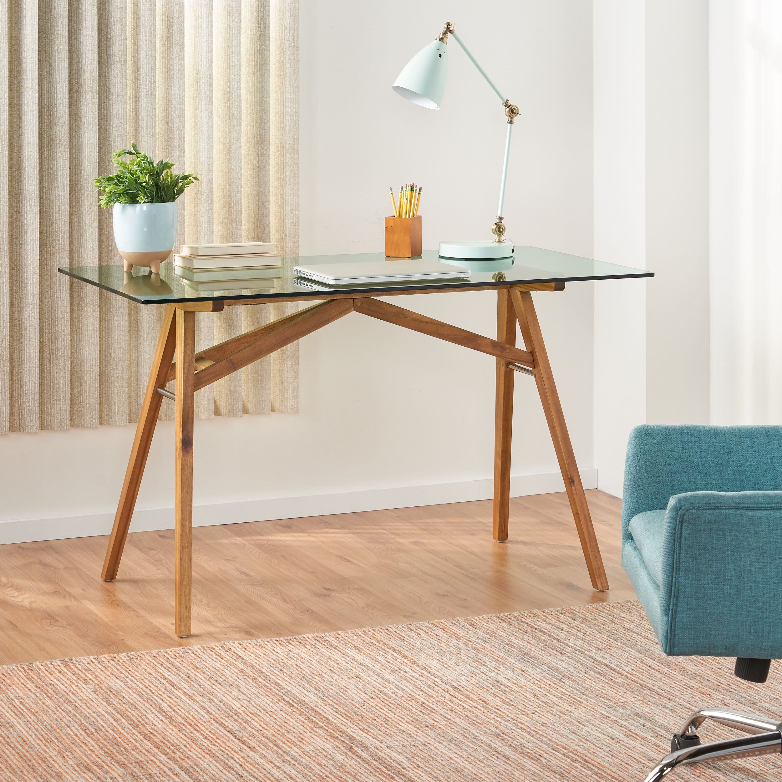 Camey Mid-Century Acacia Wood Desk with Tempered Glass Top