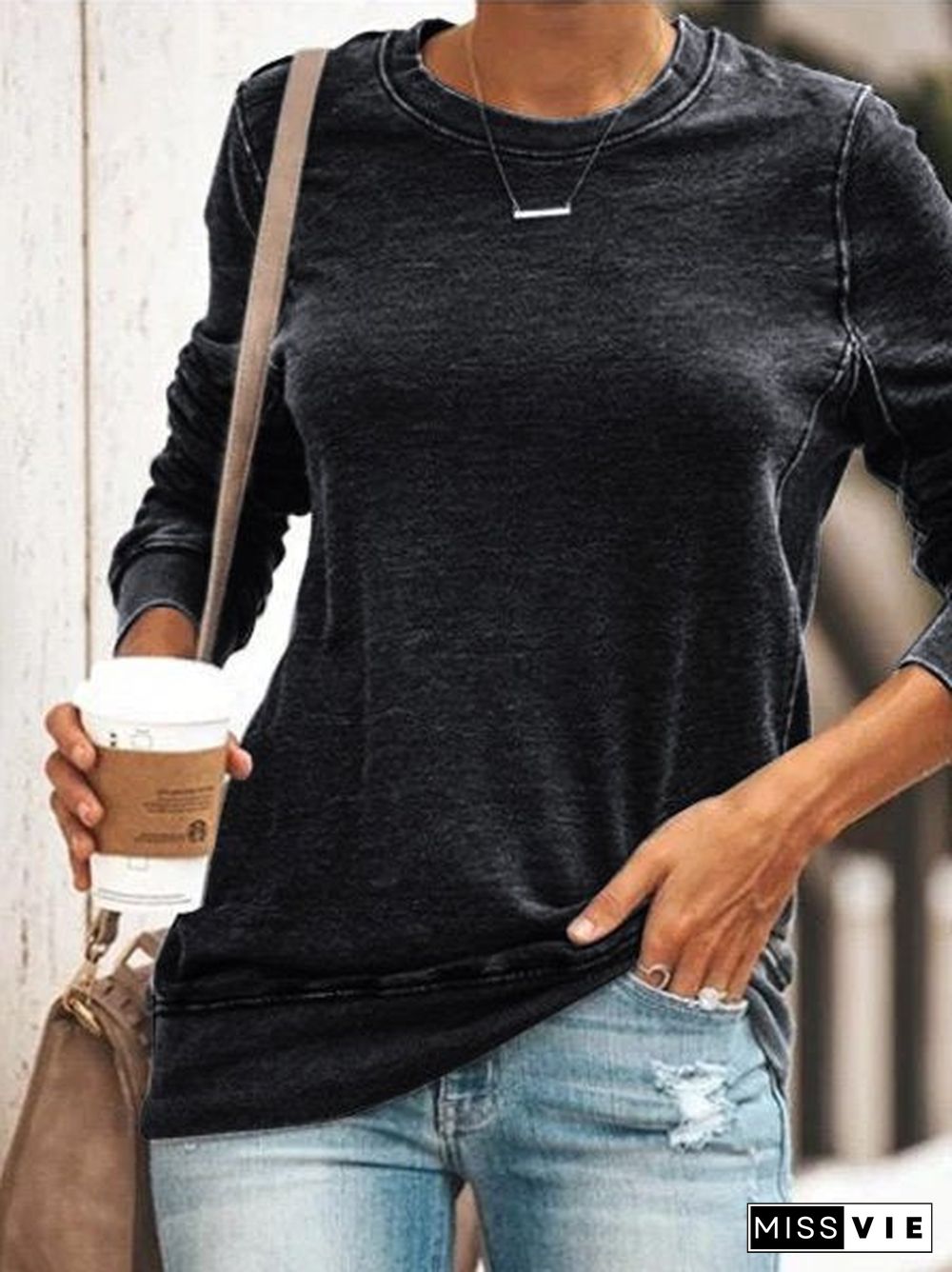 Round Neck Long Sleeve Casual Cotton-Blend Shirts & Tops