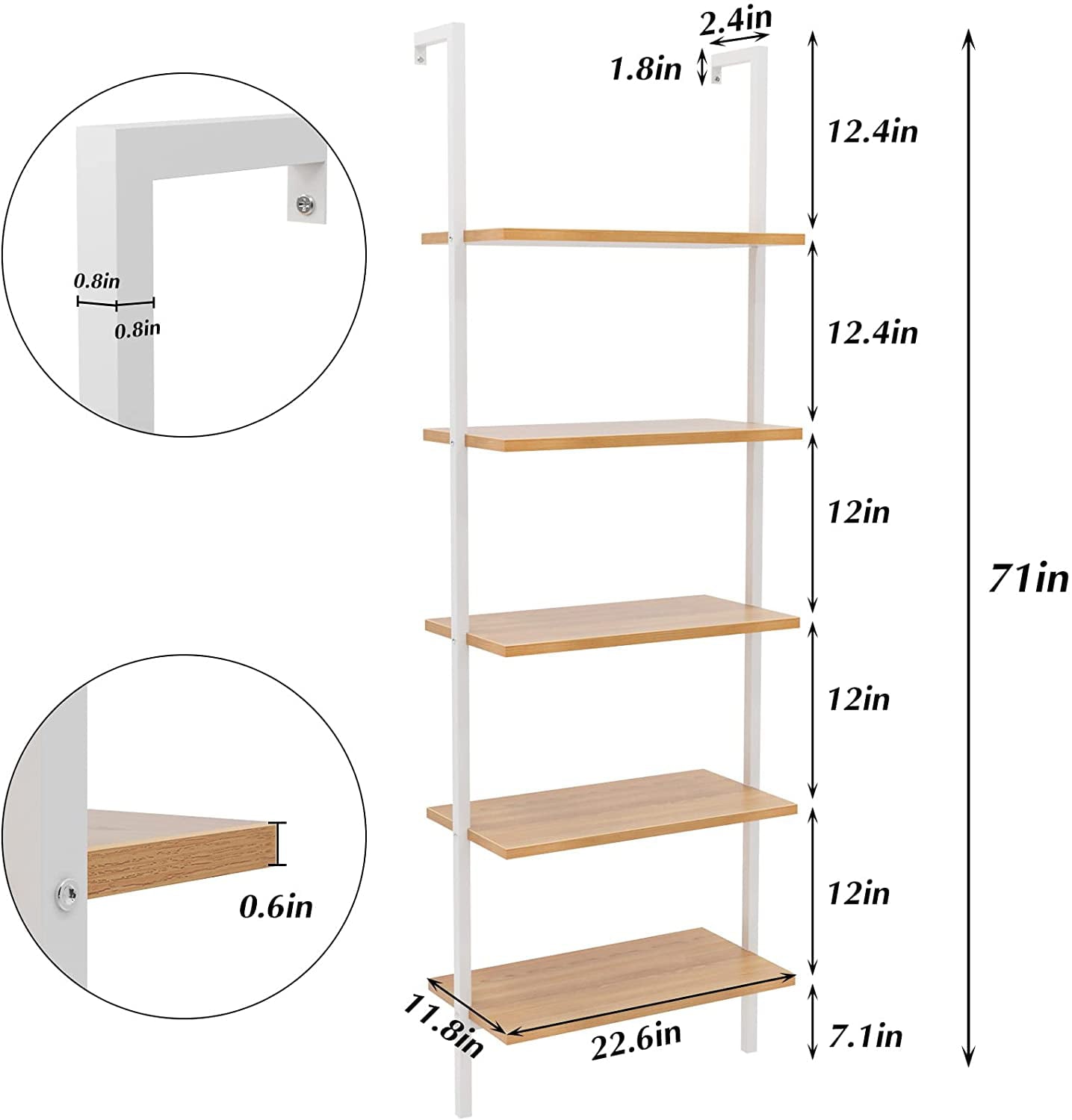 SogesPower 5-Tier Bookshelf with Metal Frame, Wall-Mounted Ladder Shelf, Bookcase Plant Flower Display Stand for Kitchen, Living Room, Bedroom, Office