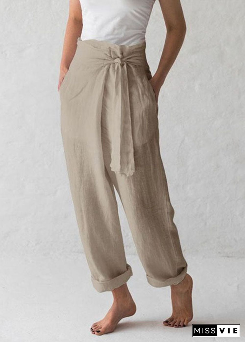 Simple Nude Linen Pants Tie Waist