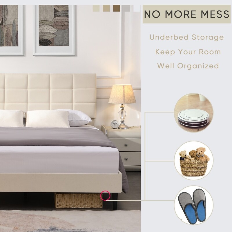 Beige Upholstered Platform Bed with Fabric Upholstered Headboard and Wooden Slats