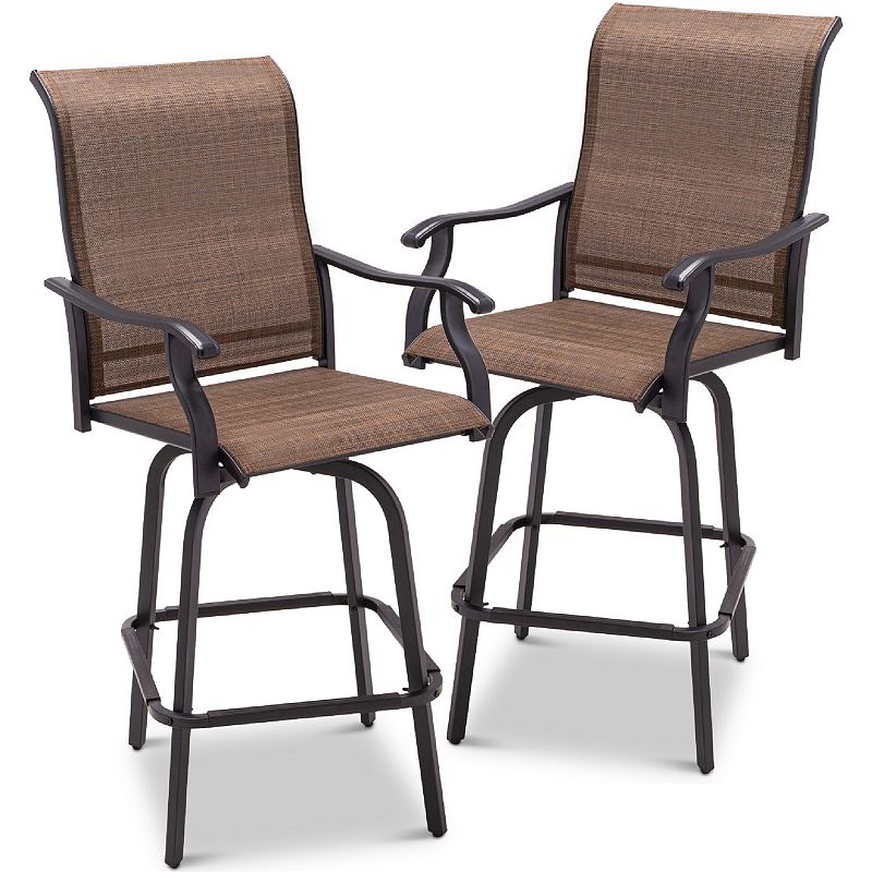 Set Of 2 Brown All-weather Mesh Swivel Barstools