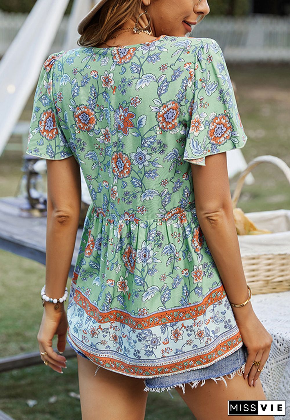 Tie V Neck Peplum Boho Blouse