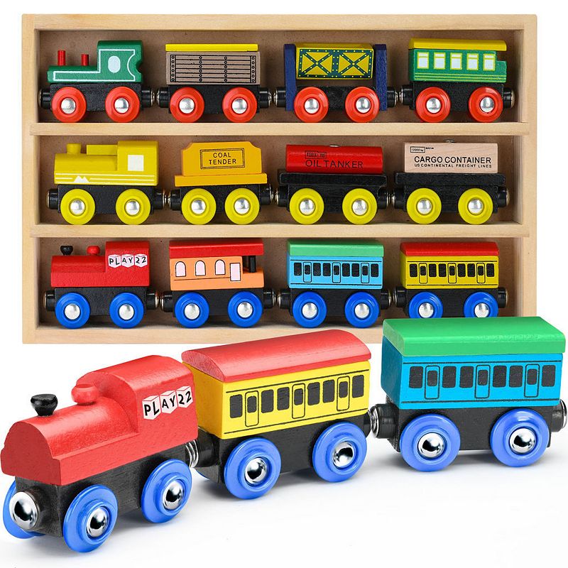 Wooden Train Set 12 PCS - Toy Train Sets For Kids Toddler