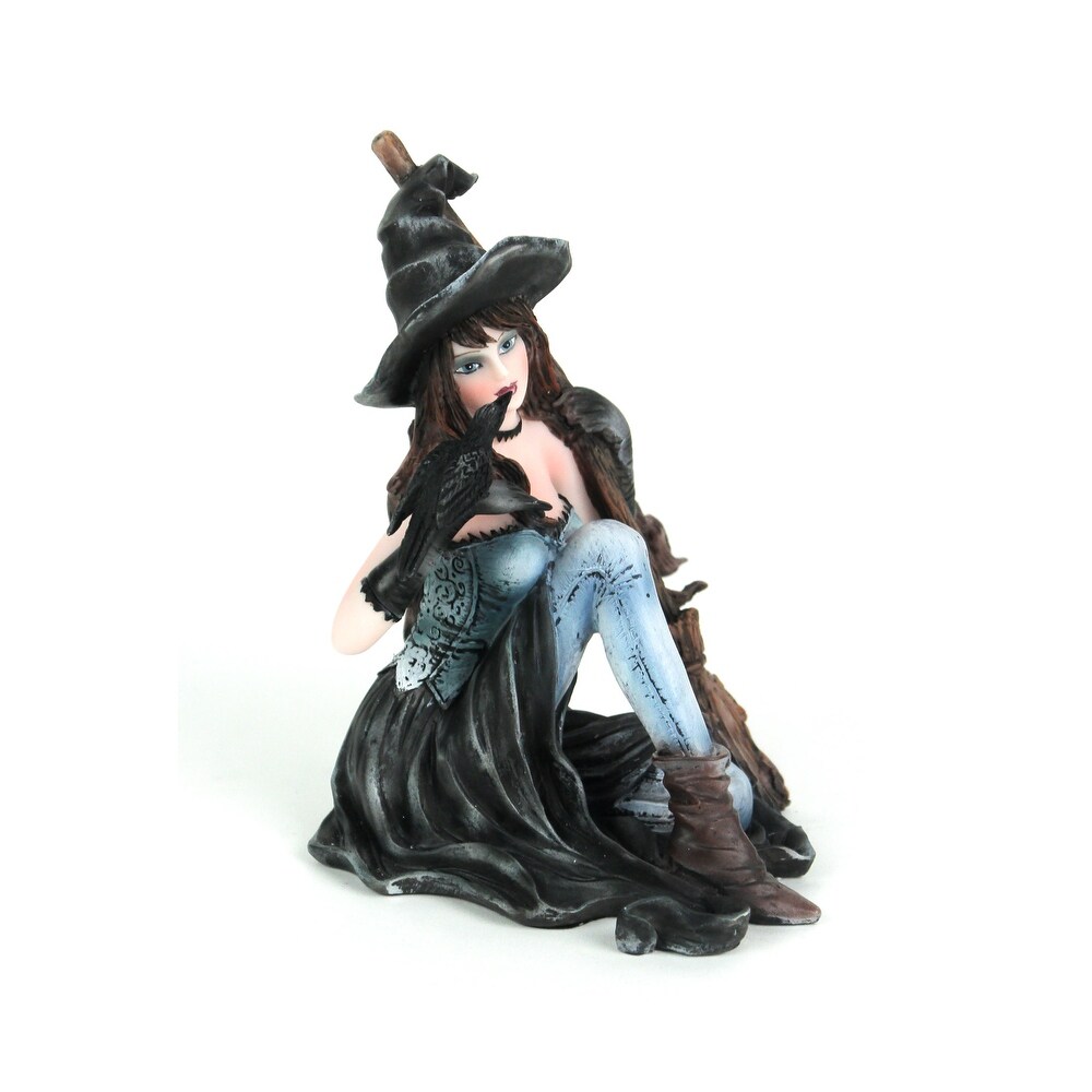 Sitting Witch Holding Broomstick W/Black Raven Figurine Statue   5.5 X 4.25 X 4.25 inches