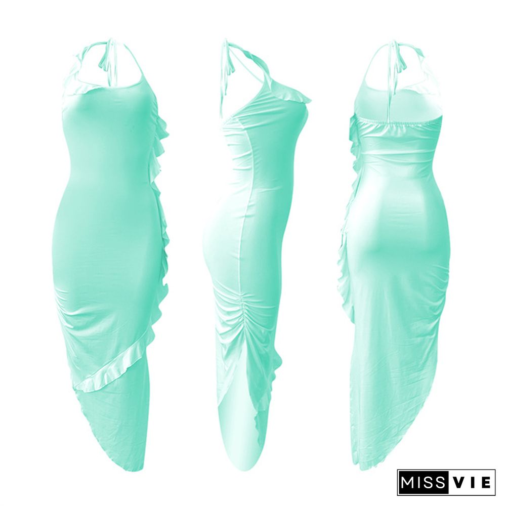 Elegant Solid Color Ruffles Women Summer Sexy Asymmetric Night Club Halter Bodycon Maxi Dress