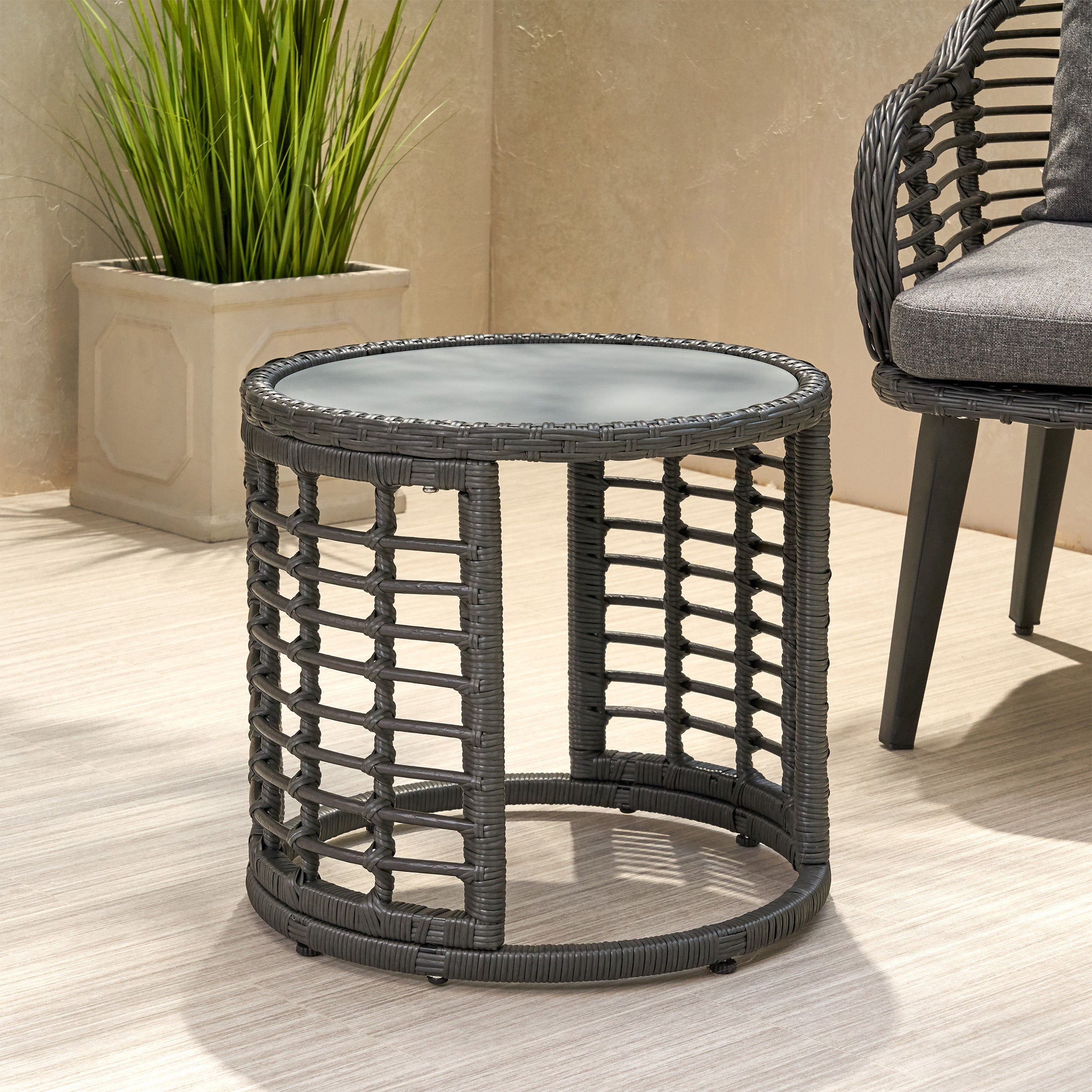 Evvy Outdoor Modern Boho Wicker Side Table with Tempered Glass Top