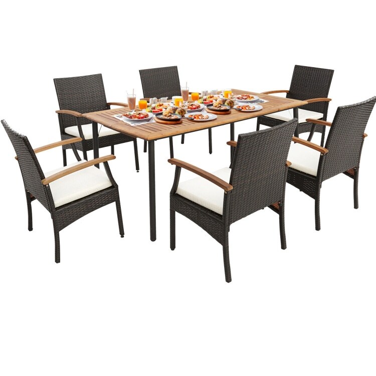 Patio Wicker Cushioned Dining Set with Wood Armrest and Umbrella Hole   24.5\