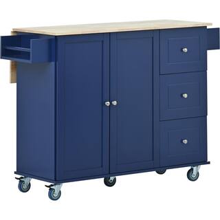 Aoibox Dark Blue Solid Wood Top 52.7 in. W Rolling Mobile Kitchen Island with Drop Leaf Locking Wheels and Storage Cabinet SNSA11IN015