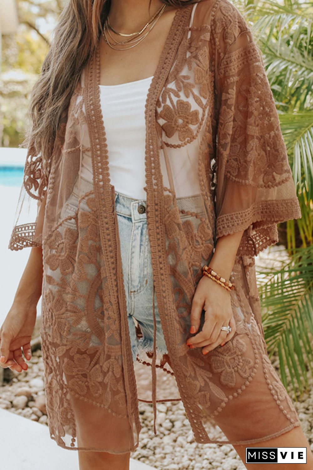 Lace Splicing Sheer Beach Cover Up Kimono