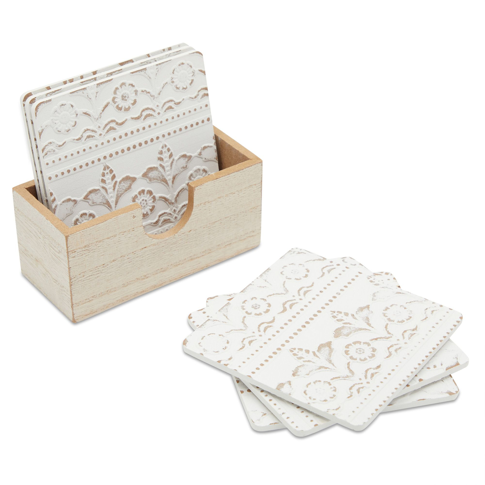 Set of 6 Wooden White Coasters with Holder for Drinks， Coffee Table， Floral Farmhouse Decor， 3.8 in