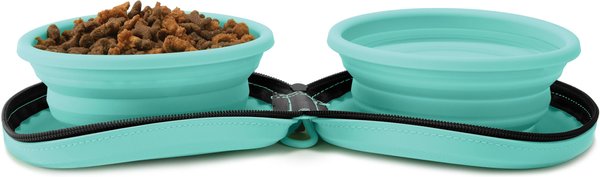 Pounce + Fetch Silicone Travel Cat and Dog Double Bowl Case Zipper Set， Assorted Colors， 18-oz