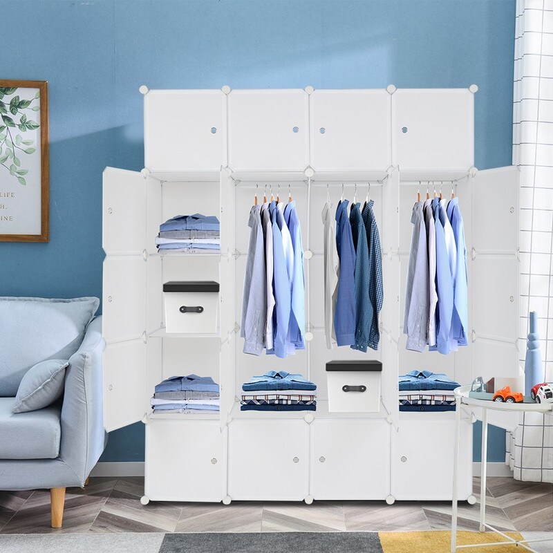 8/12/16/20 Cube Organizer Stackable Plastic Cube Storage Closet Cabinet with Hanging Rod White