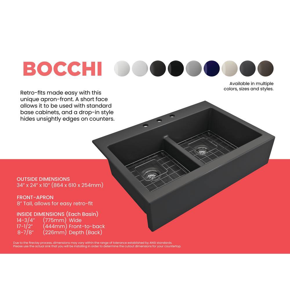 BOCCHI Nuova Matte Dark Gray Fireclay 34 in. Double Bowl Drop-In Apron Front Kitchen Sink with Protective Grids and Strainers 1501-020-0127