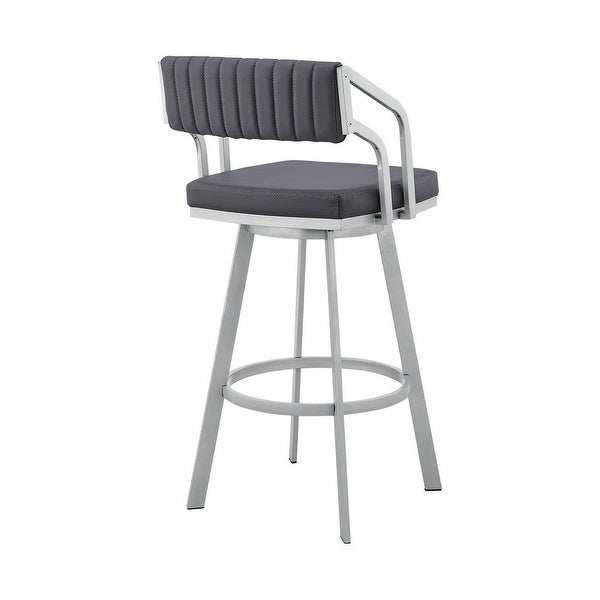 Blake 30 Inch Swivel Bar Stool， Open Back， Silver， Gray Faux Leather