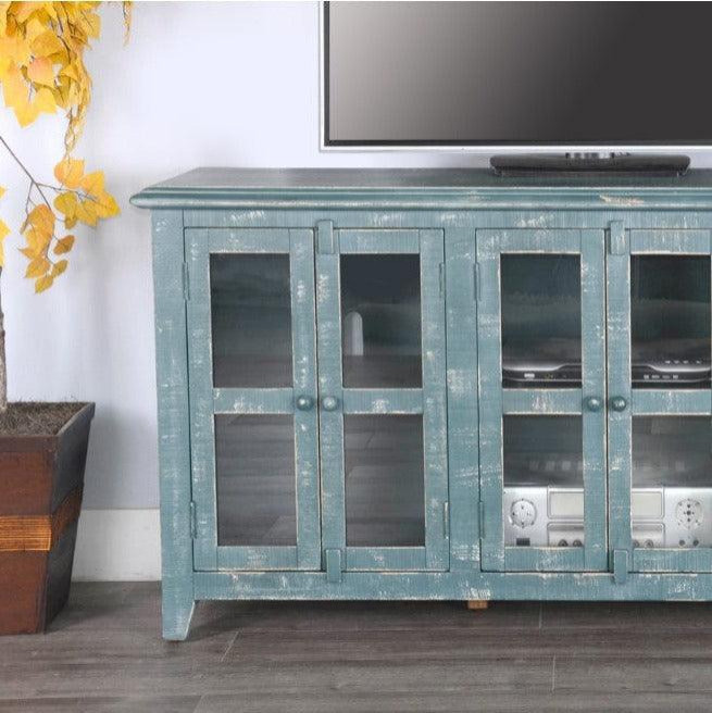 70 quotDistressed Sea Glass Blue TV Stand With Glass Doors   Farmhouse   Entertainment Centers And Tv Stands   by Sideboards and Things  Houzz