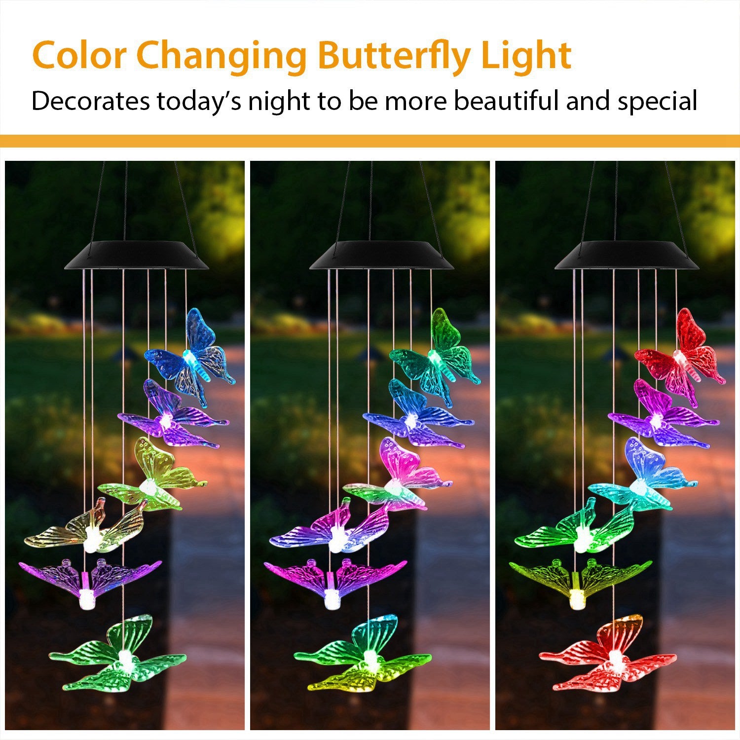 Solar LED Butterfly String Light Wind Chimes for Patio Garden