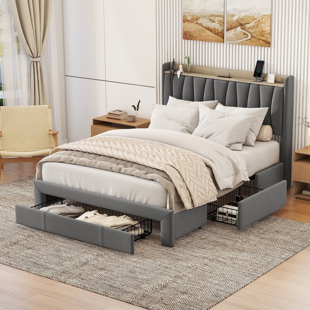 Queen Size Bed Frame with Storage Headboard， 3 Drawers and Charging Station